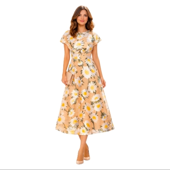 Lela Rose Sunflower Print Beige Midi Dress Boatneck Draped Bodice MSRP $1890 NWT - Picture 13 of 15